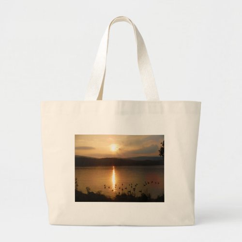 Geese and peach sunset large tote bag