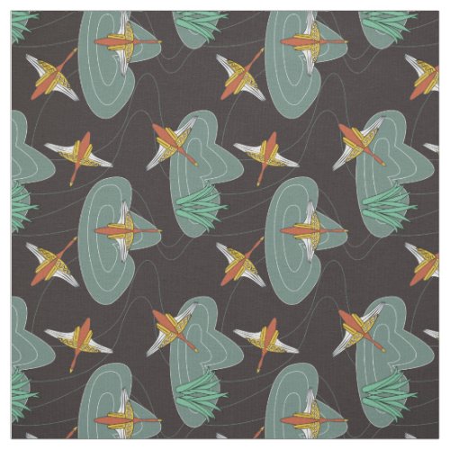 Geese flying _ Art Deco _ in clouds over ponds Fabric