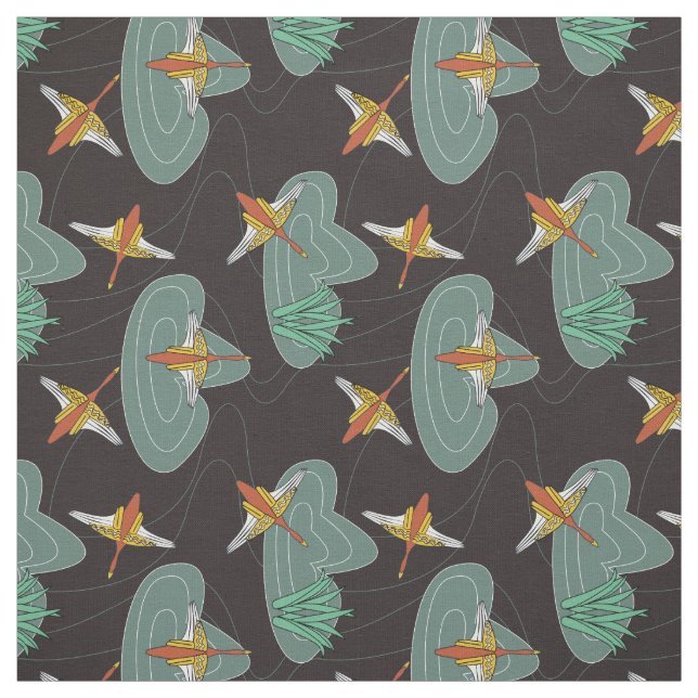 Geese flying - Art Deco - in clouds over ponds Fabric (Swatch)
