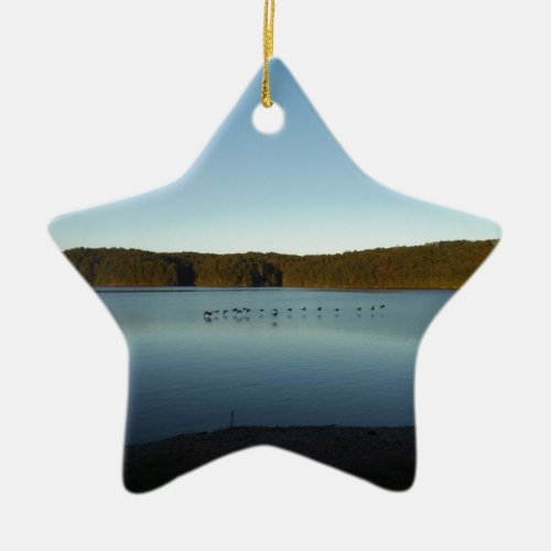 Geese Flying Over Mountain Reflection on Lake Ceramic Ornament