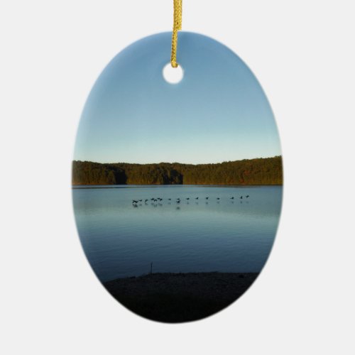 Geese Flying Over Mountain Reflection on Lake Ceramic Ornament