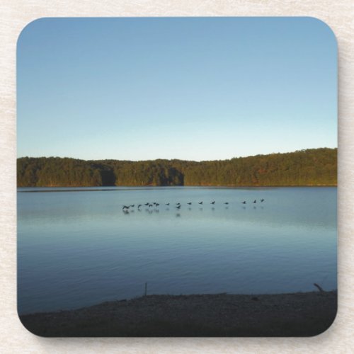 Geese Flying Over Mountain Reflection on Lake Drink Coaster