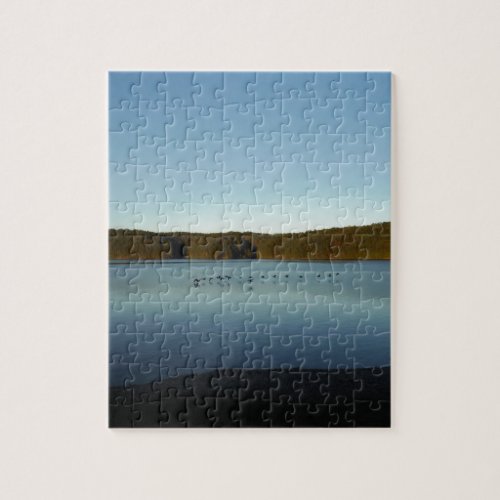 Geese Flying Over Mountain Reflection on Lake Jigsaw Puzzle