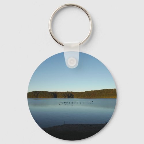 Geese Flying Over Mountain Reflection on Lake Keychain