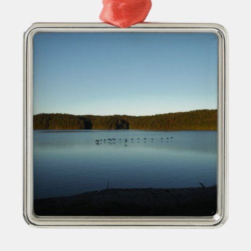 Geese Flying Over Mountain Reflection on Lake Metal Ornament
