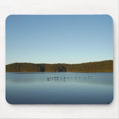 Geese Flying Over Mountain Reflection on Lake Mouse Pad