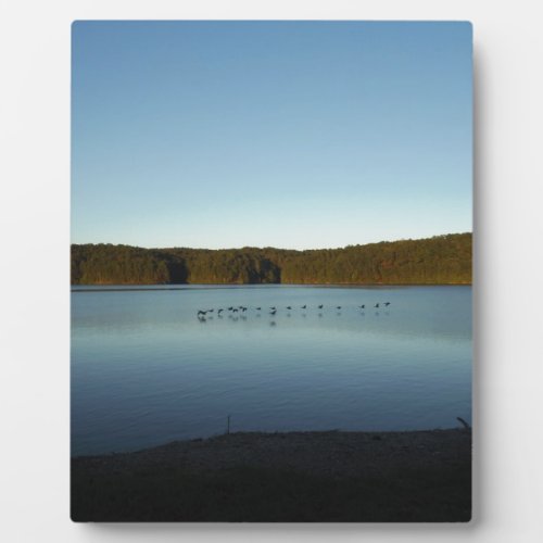 Geese Flying Over Mountain Reflection on Lake Plaque