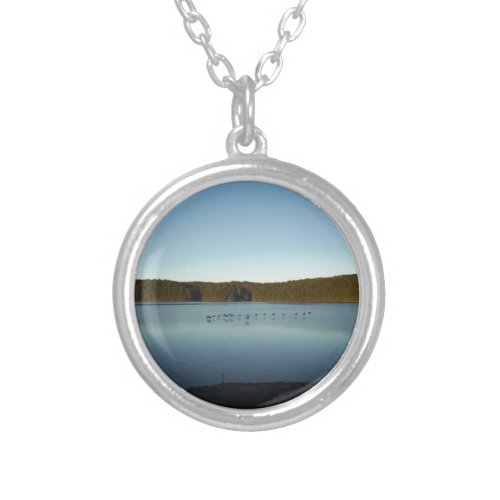 Geese Flying Over Mountain Reflection on Lake Silver Plated Necklace