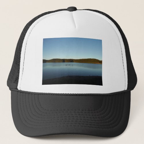 Geese Flying Over Mountain Reflection on Lake Trucker Hat
