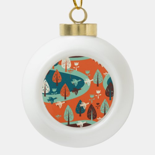 Geese Forest Vintage Nature Scene Ceramic Ball Christmas Ornament