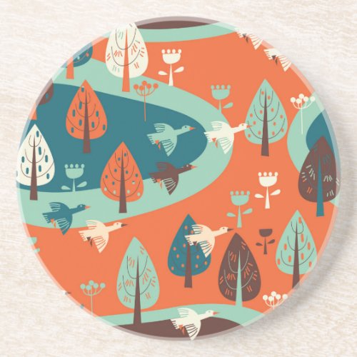 Geese Forest Vintage Nature Scene Coaster