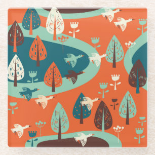 Geese Forest: Vintage Nature Scene Glass Coaster