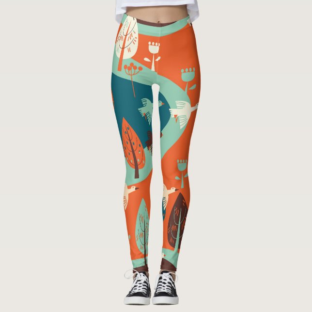 Geese Forest: Vintage Nature Scene Leggings (Front)