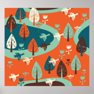 Geese Forest: Vintage Nature Scene Poster
