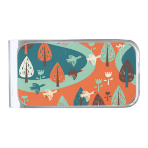 Geese Forest: Vintage Nature Scene Silver Finish Money Clip