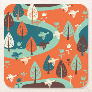 Geese Forest: Vintage Nature Scene Square Paper Coaster