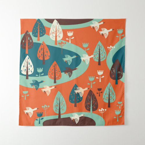 Geese Forest Vintage Nature Scene Tapestry