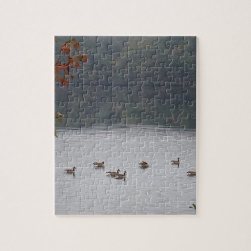 Geese swimming in Autumn Lake Arrowhead Jigsaw Puzzle