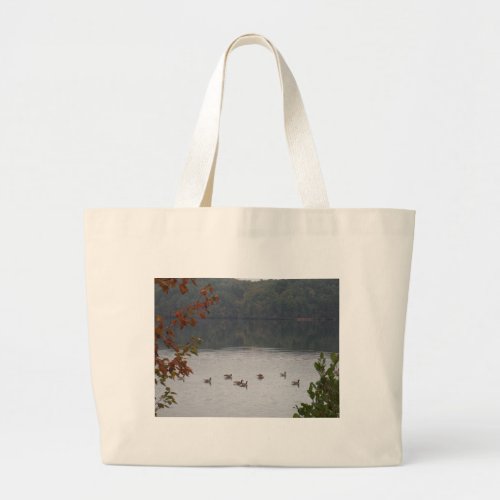 Geese swimming in Autumn Lake Arrowhead Large Tote Bag