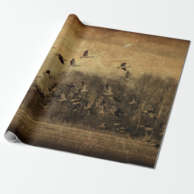 Geese Vintage Antique Sepia Texture Decoupage Wrapping Paper (Unrolled)