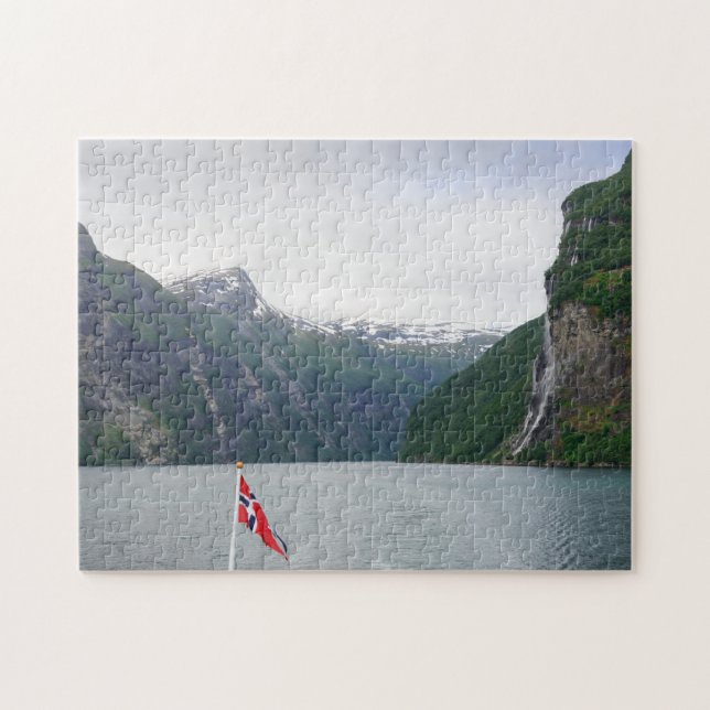 Geiranger fjord with Norwegian flag jigsaw puzzle (Horizontal)
