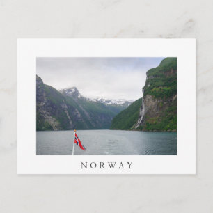 Geiranger fjord with Norwegian flag white postcard