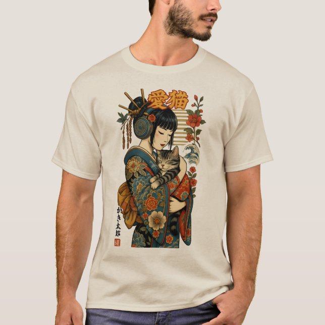 Geisha and Cat – Japanese Floral T-Shirt (Front)