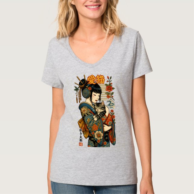 Geisha and Cat – Japanese Floral T-Shirt (Front)