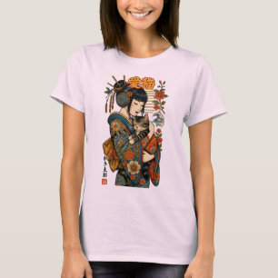 Geisha and Cat – Japanese Floral T-Shirt