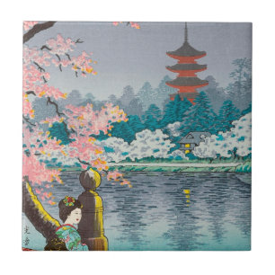 Geisha and Cherry Tree, Ueno Park japanese scenery Ceramic Tile