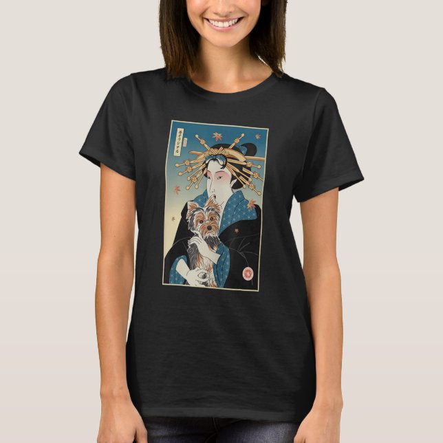 Geisha And Dog Yorkshire Ukiyo E Warrior Samurai Y T-Shirt (Front)