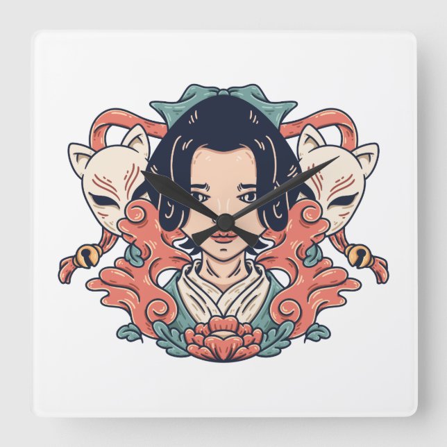 Geisha And Kitsune Square Wall Clock (Front)