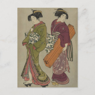 Geisha and Servant Vintage Japanese Art Postcard