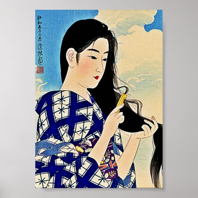 Geisha Combing Hair Japanese Woodblock Ukiyo-E Art Poster (Front)