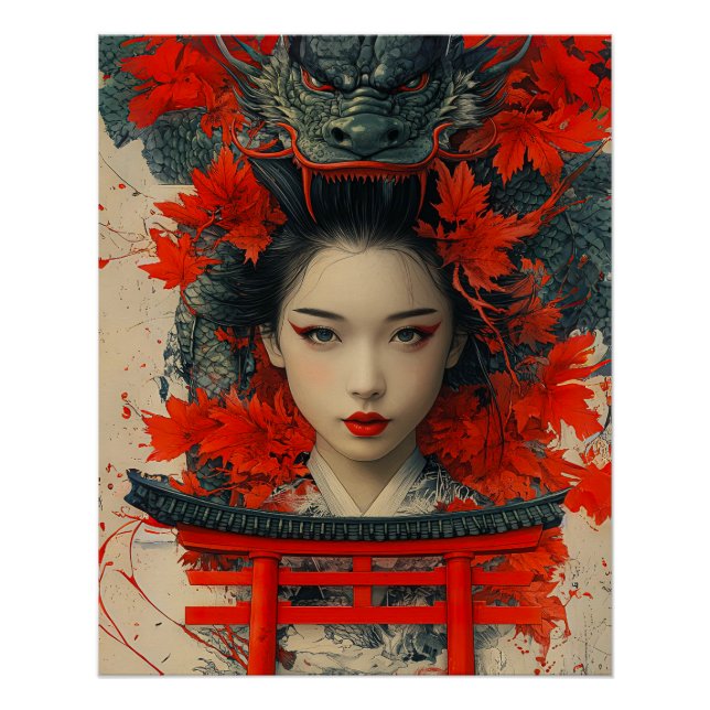 Geisha & Dragon - Japanese Art Poster (Front)