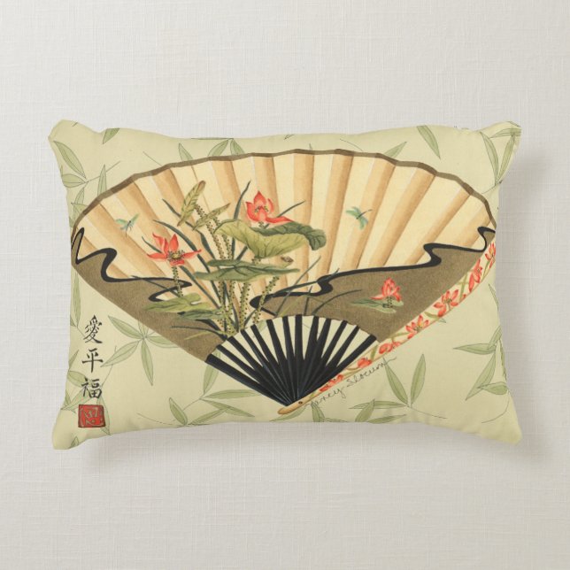Geisha Fan with Leaves and Floral Print Accent Pillow (Front)