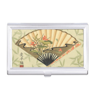 Geisha Fan with Leaves and Floral Print Business Card Holder