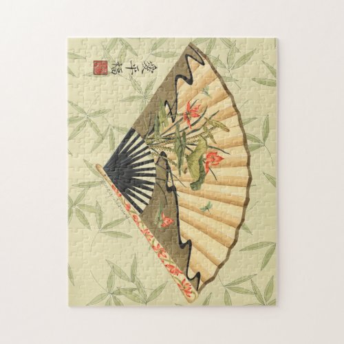 Geisha Fan with Leaves and Floral Print Jigsaw Puzzle