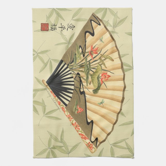 Geisha Fan with Leaves and Floral Print Kitchen Towel (Vertical)