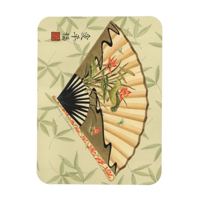 Geisha Fan with Leaves and Floral Print Magnet (Vertical)