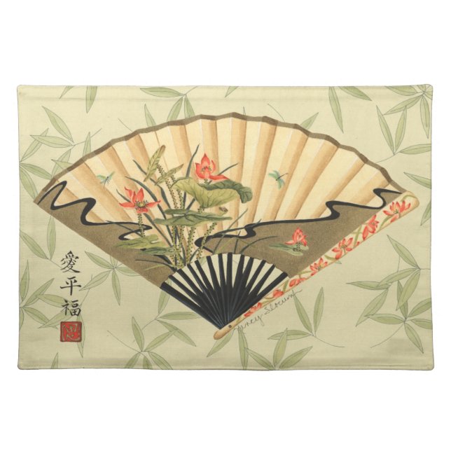Geisha Fan with Leaves and Floral Print Placemat (Front)