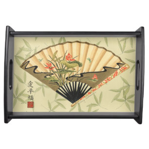 Geisha Fan with Leaves and Floral Print Serving Tray