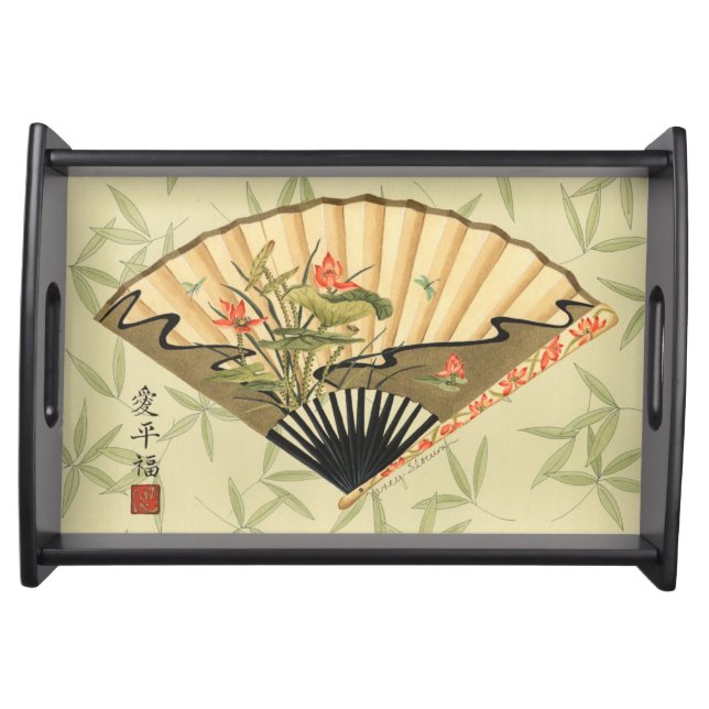 Geisha Fan with Leaves and Floral Print Serving Tray (Front)