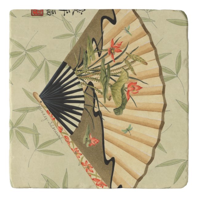 Geisha Fan with Leaves and Floral Print Trivet (Front)