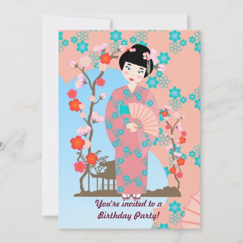 Geisha girl and flowers  birthday party invitation