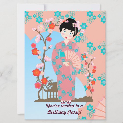 Geisha girl and flowers  birthday party invitation