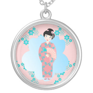 Geisha girl birthday party silver plated necklace