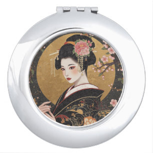 Geisha Girl & Cherry Blossom Black Gold Compact Mirror