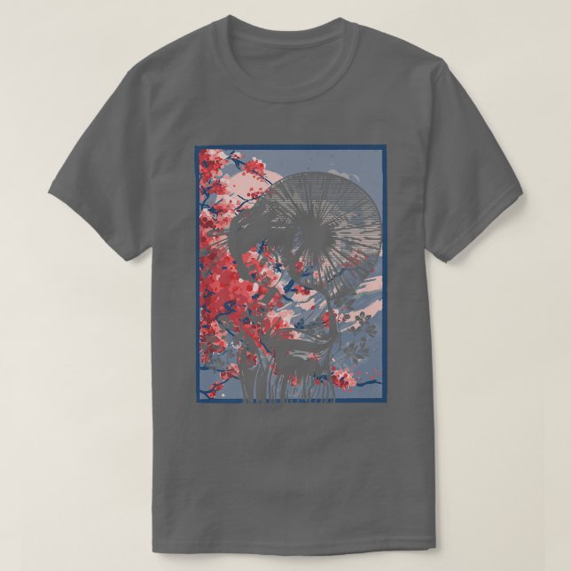 Geisha Girl In Kimono Japan Art Sakura Cherry Blos T-Shirt (Design Front)