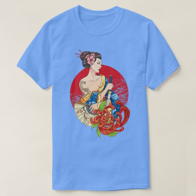 Geisha Girl Katana Sword and Tattoo of Dragon Japa T-Shirt (Design Front)